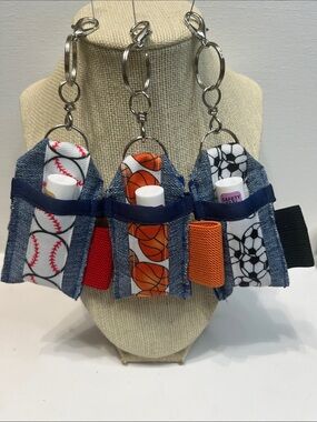 Gift Set 3pc Sport Lover! Denim Double Lipstick Balm Holder Keychain Purse Charm